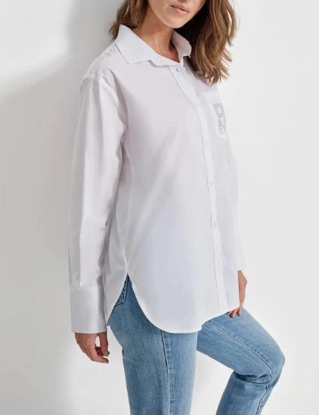 [S] DKNY WHITE RHINESTONE LOGO POCKET SHIRT, DJ4W2098-WHT FINAL SALE  (SD1293)