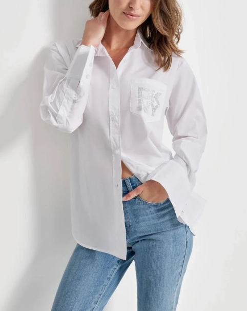 [S] DKNY WHITE RHINESTONE LOGO POCKET SHIRT, DJ4W2098-WHT FINAL SALE  (SD1293)