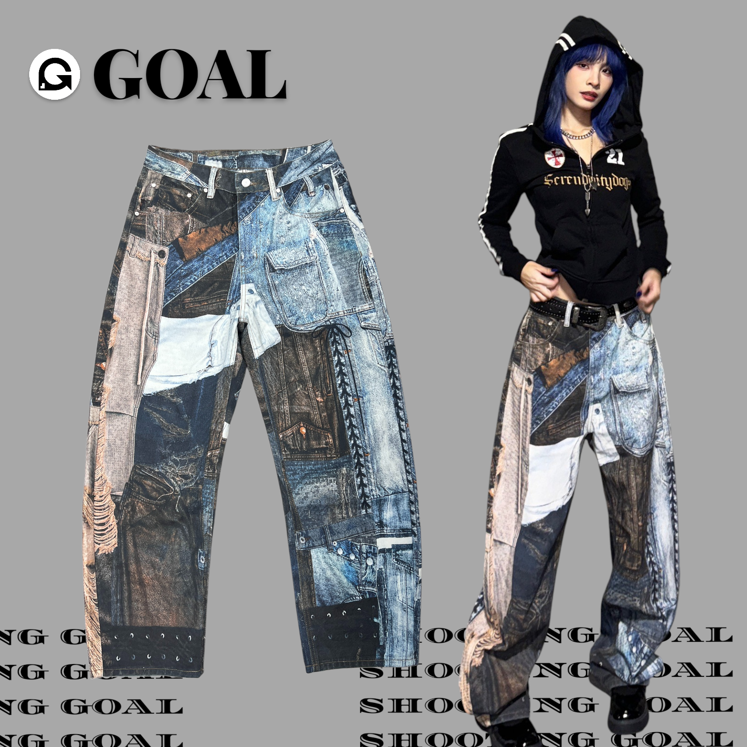 (GOAL) 美式街頭拼接牛仔闊腿長褲 MDF390076