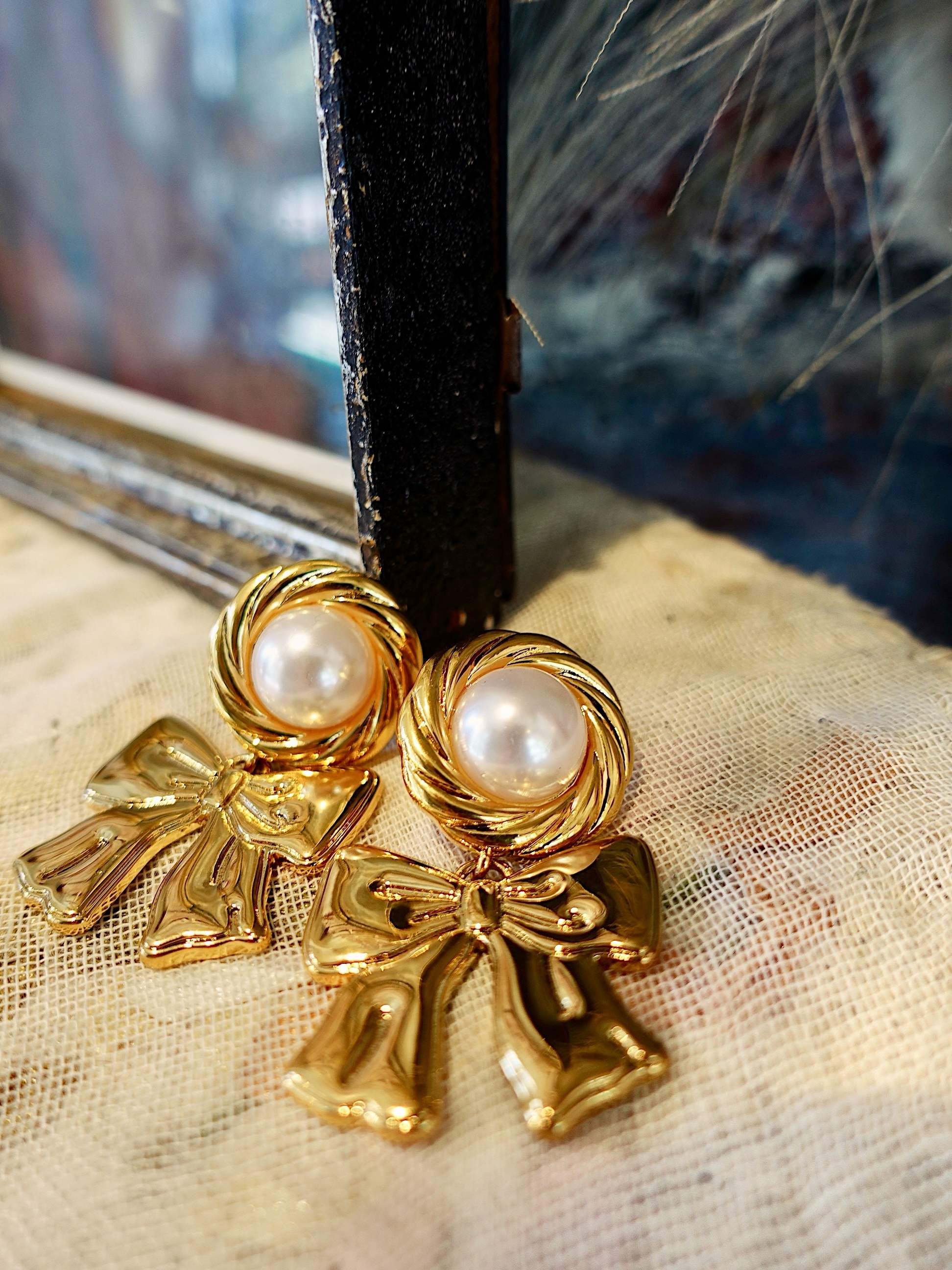 Gold Bow金色珍珠蝴蝶結耳環