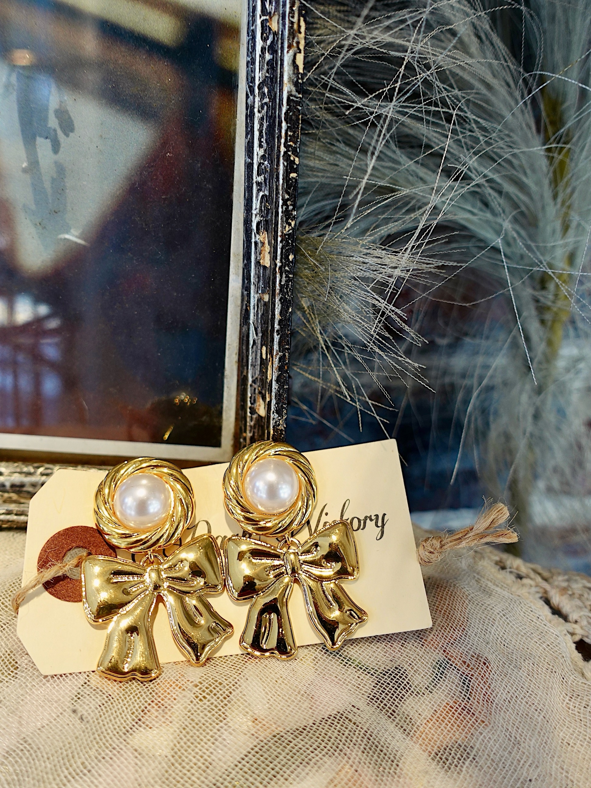 Gold Bow金色珍珠蝴蝶結耳環