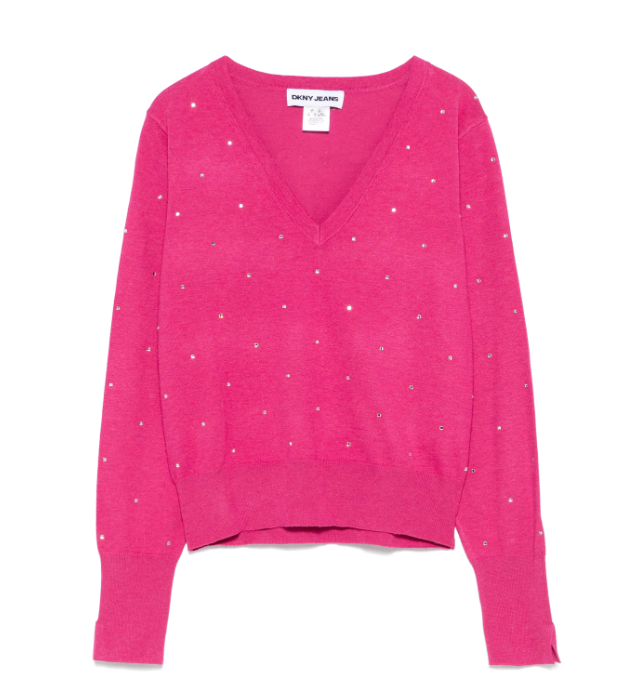 [S] DKNY V NECK SWEATER WITH STUDS,FESTIVE PINK HEATHER, DJ4R0438-J0J [FINAL SALE] (SD1227)