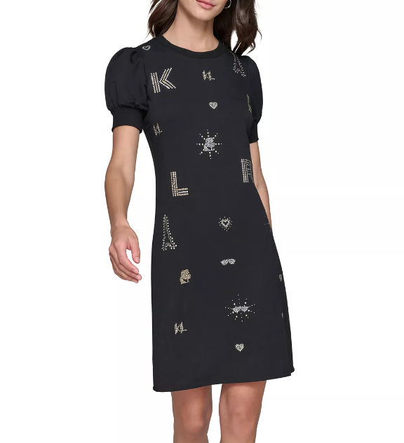[S] KARL LAGERFELD PUFF SLEEVE WHIMSY T-SHIRT DRESS,BLACK, L4JD7437-BLK [FINAL SALE] (SKL1180)