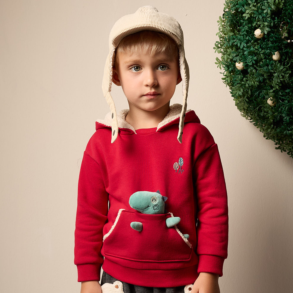 PIPPY 萌萌可拆式立體小恐龍玩偶暖暖連帽長袖上衣  紅