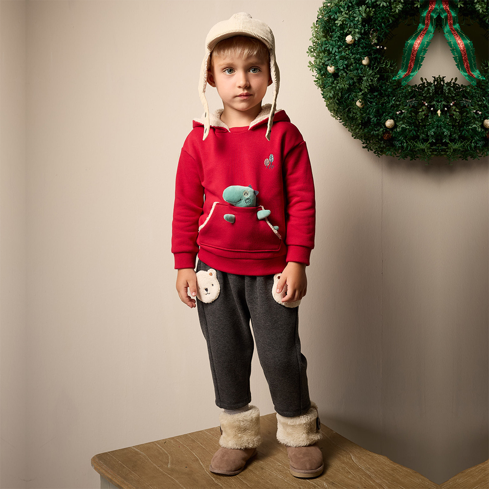 PIPPY 萌萌可拆式立體小恐龍玩偶暖暖連帽長袖上衣  紅