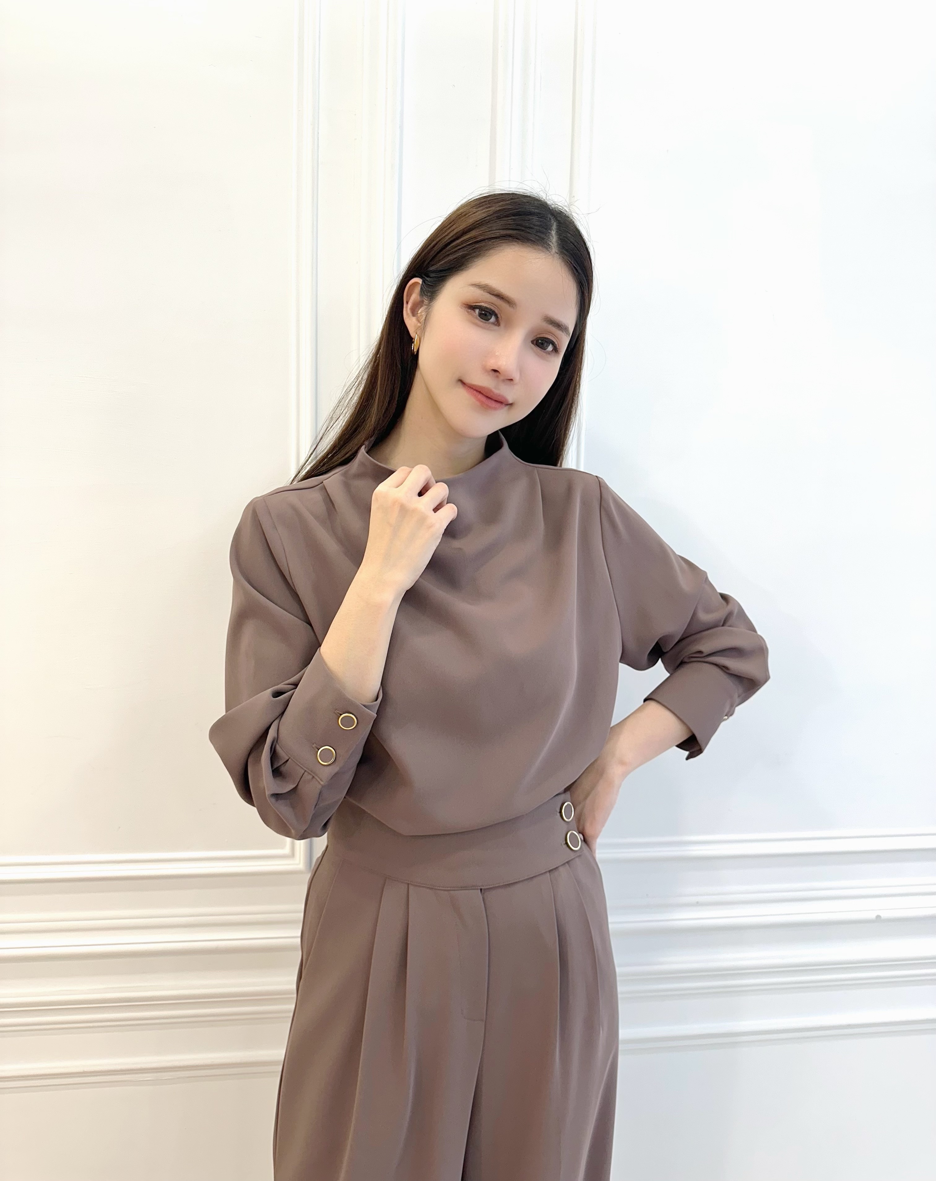 立領腰雙釦寬褲套裝