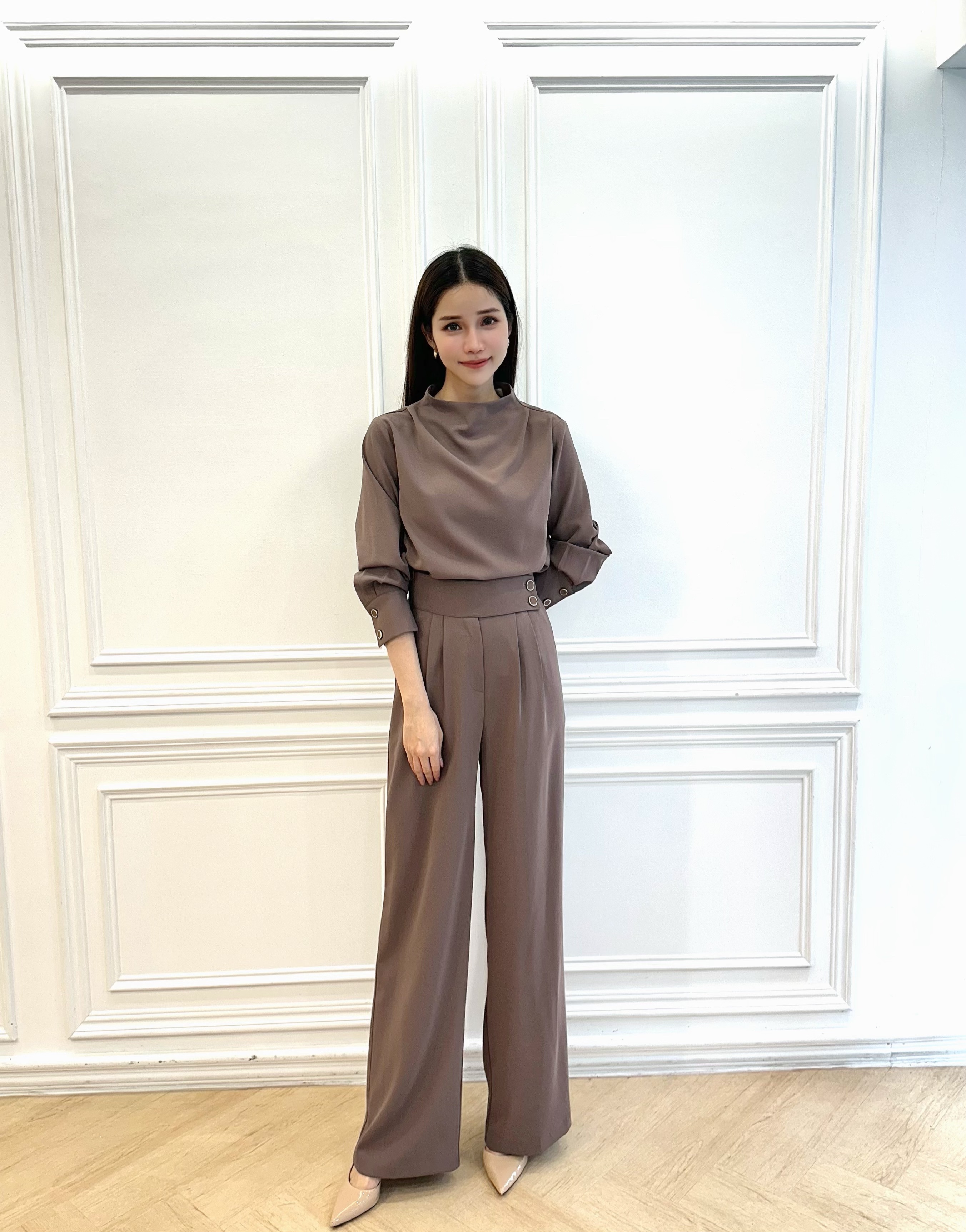 立領腰雙釦寬褲套裝