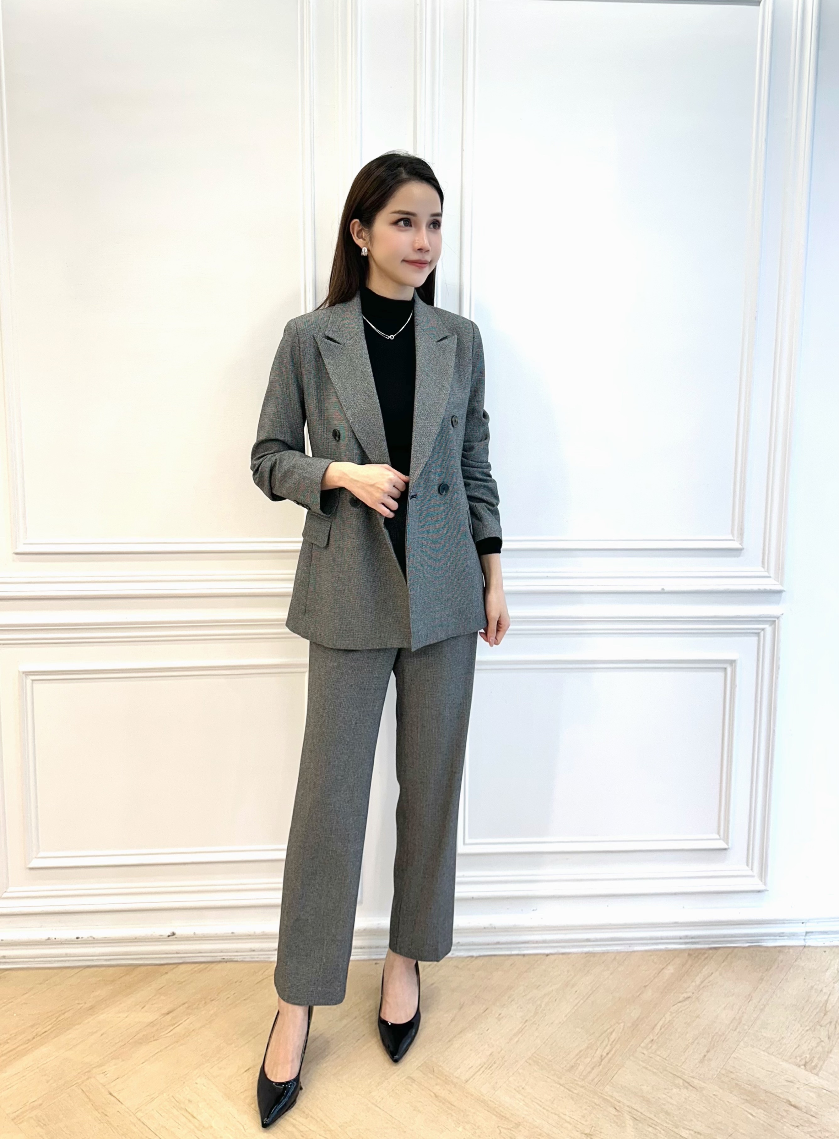 英倫風混色織紋西裝套裝-深灰