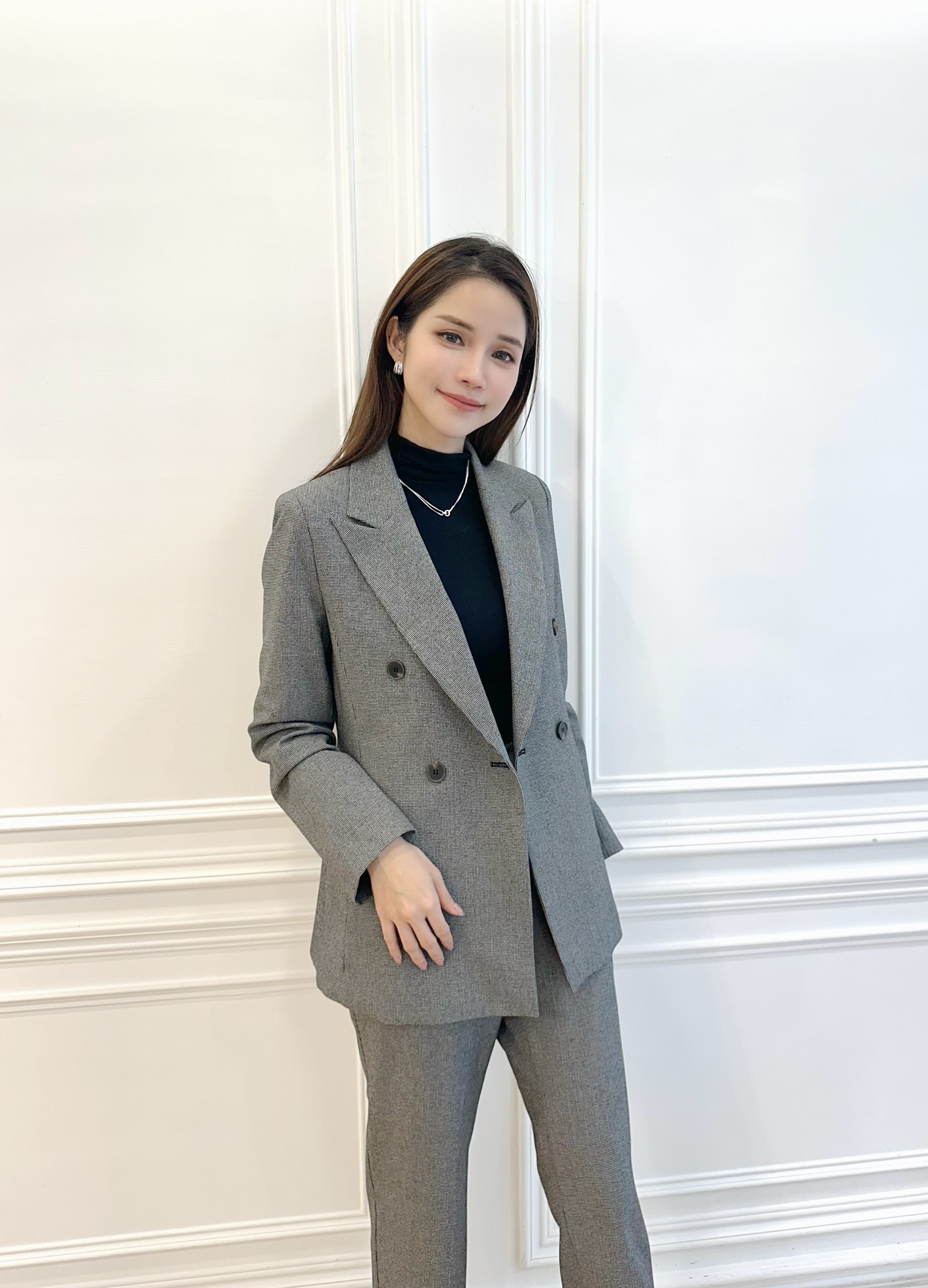 英倫風混色織紋西裝套裝-深灰