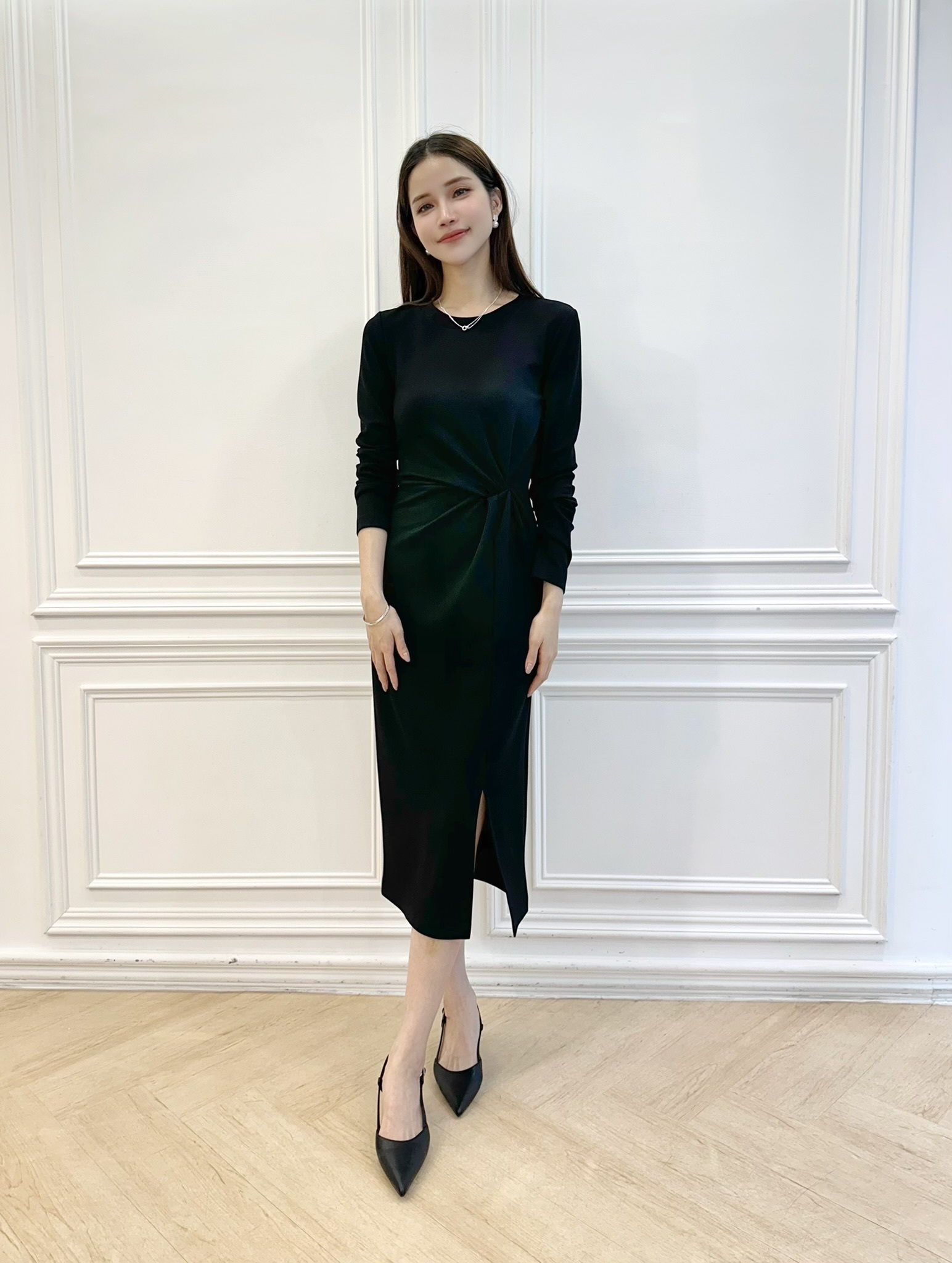 棉料側抓皺開衩洋