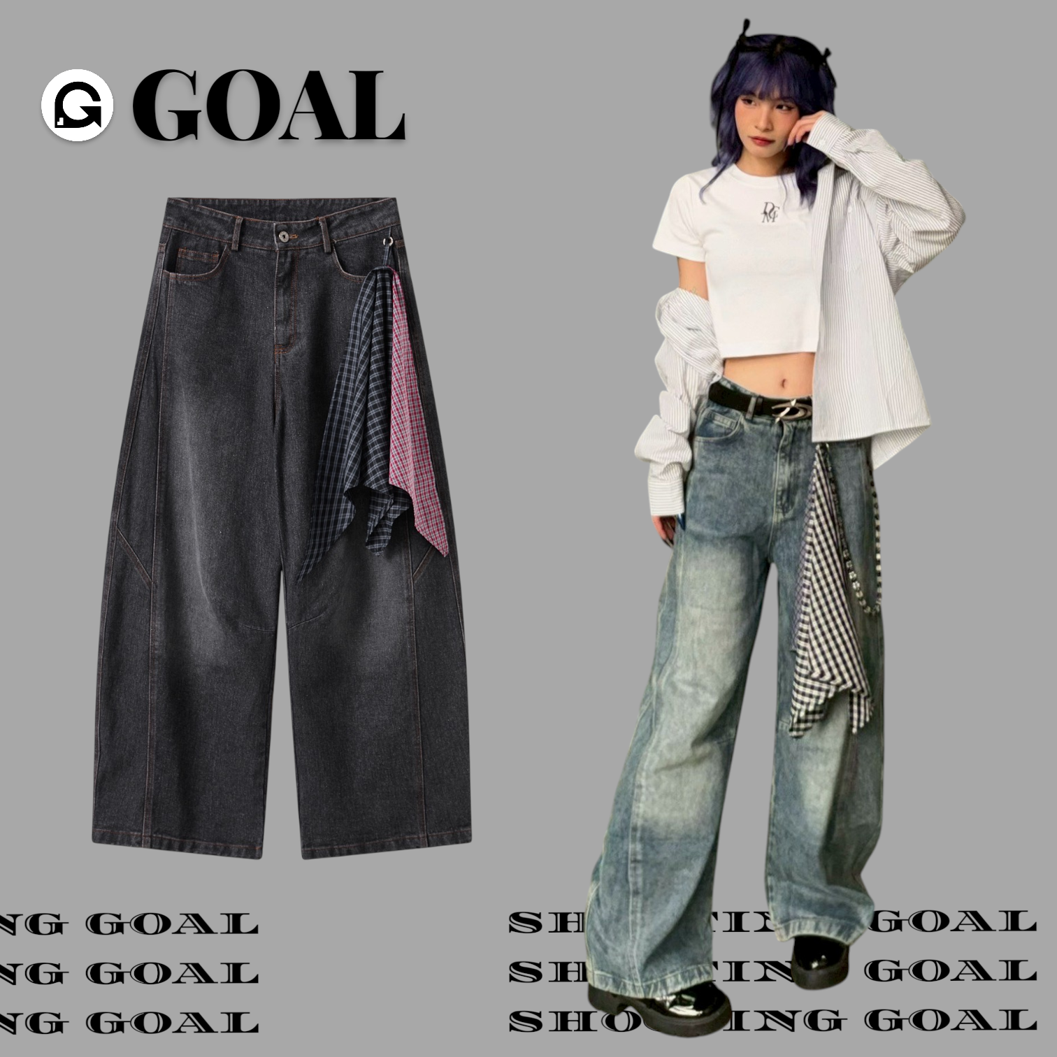 (GOAL)美式復古水洗闊腿彎刀褲 附絲巾 ERHU 25016