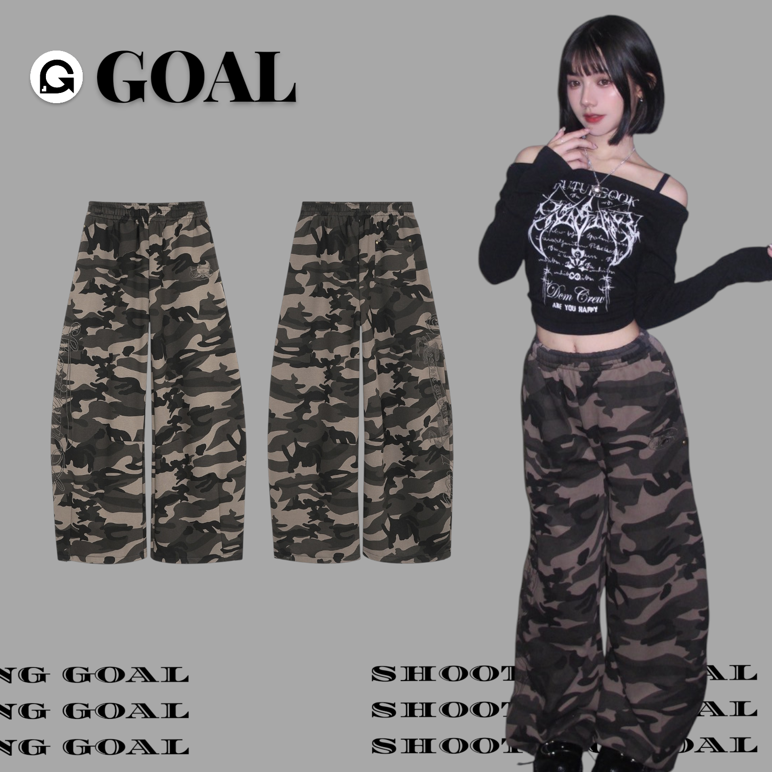 (GOAL) 美式刺繡迷彩闊腿棉褲 彎刀褲 SP0258