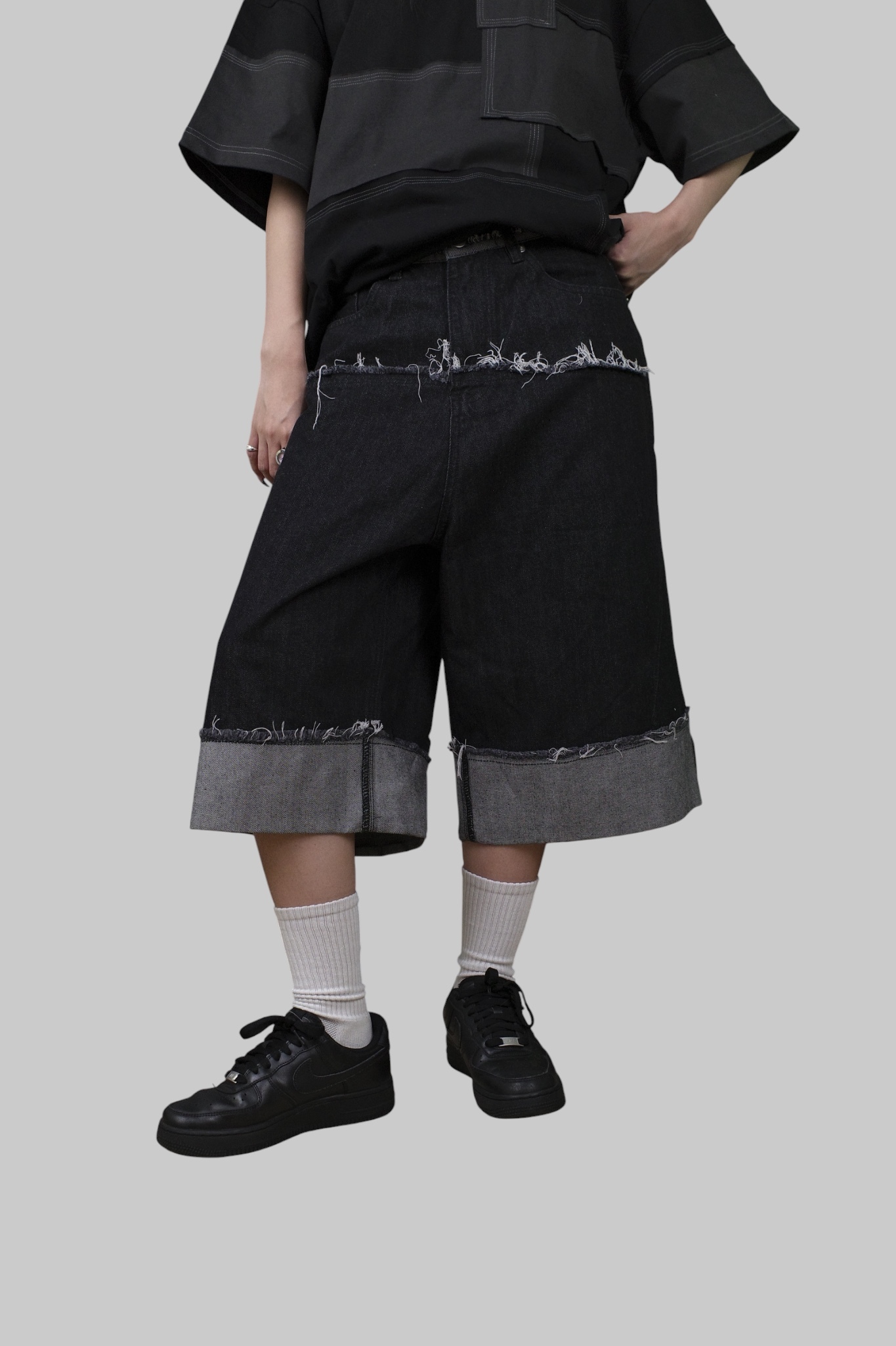 『Always_Good』刺繡 拼接 毛邊 七分 牛仔 短褲