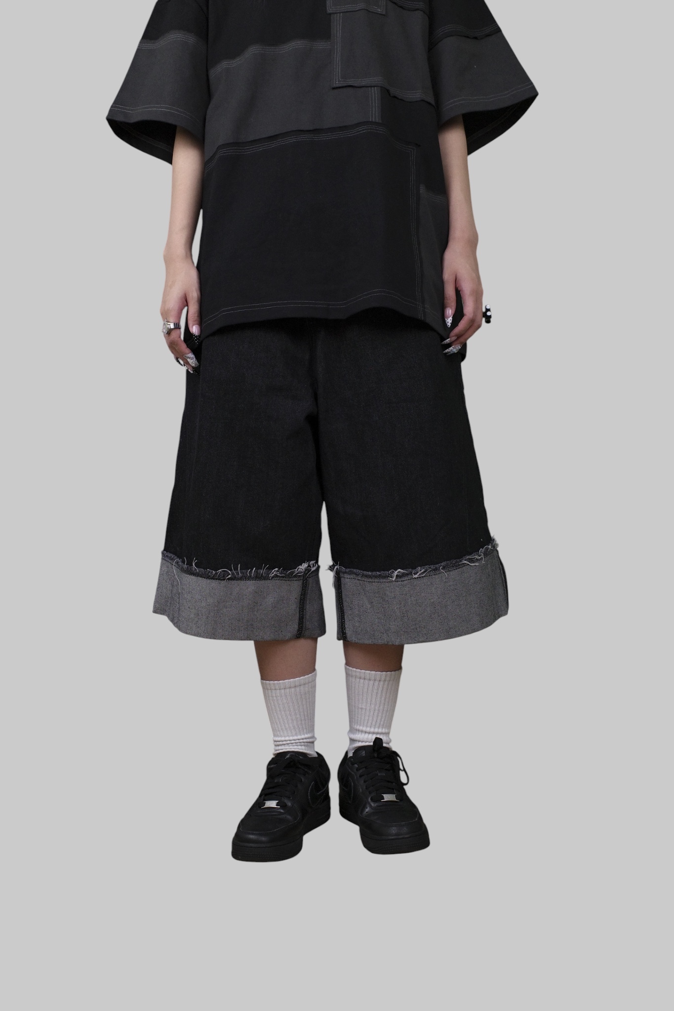 『Always_Good』刺繡 拼接 毛邊 七分 牛仔 短褲