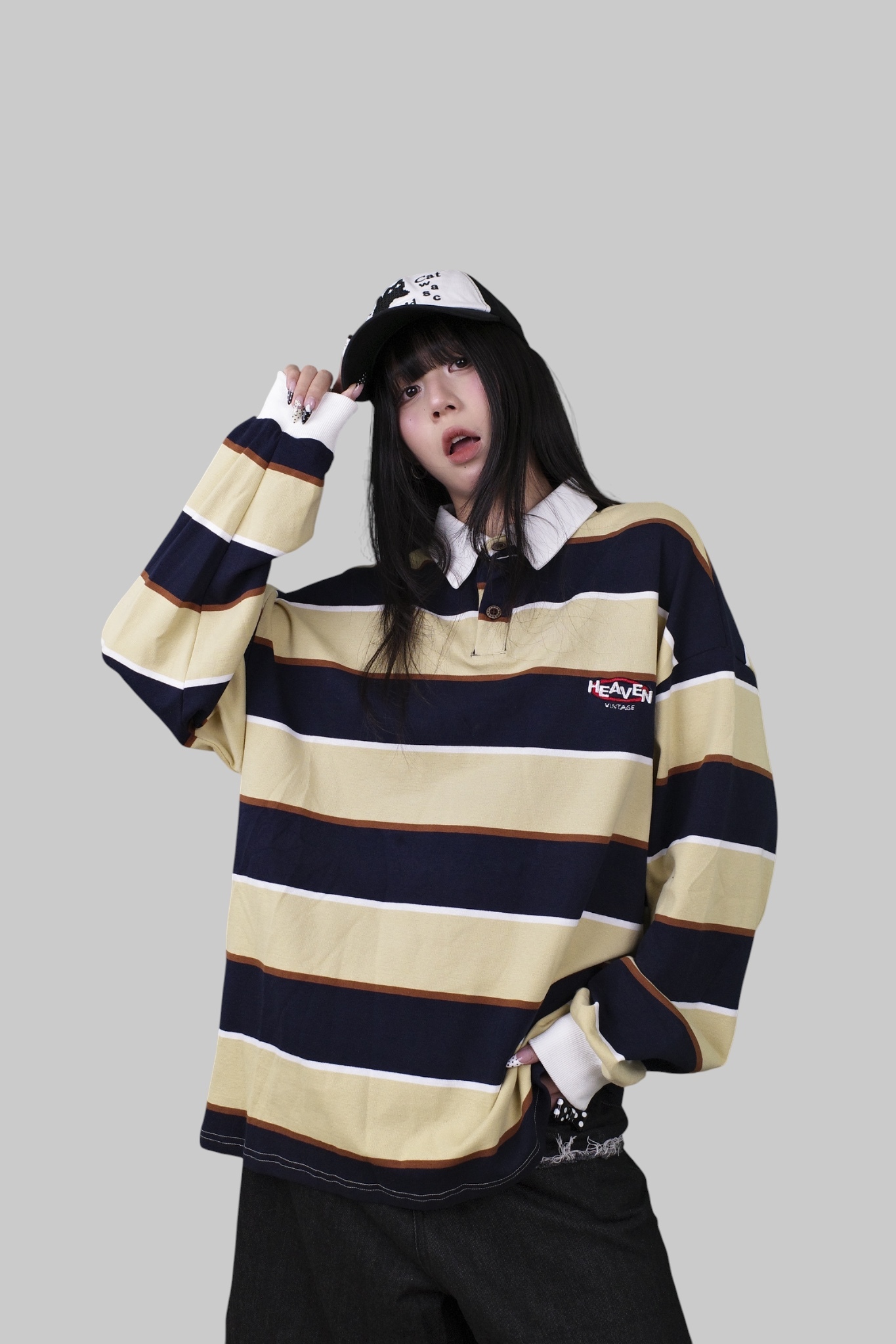 『Always_Good』日系 刺繡 橫條紋 POLO領 薄長TEE