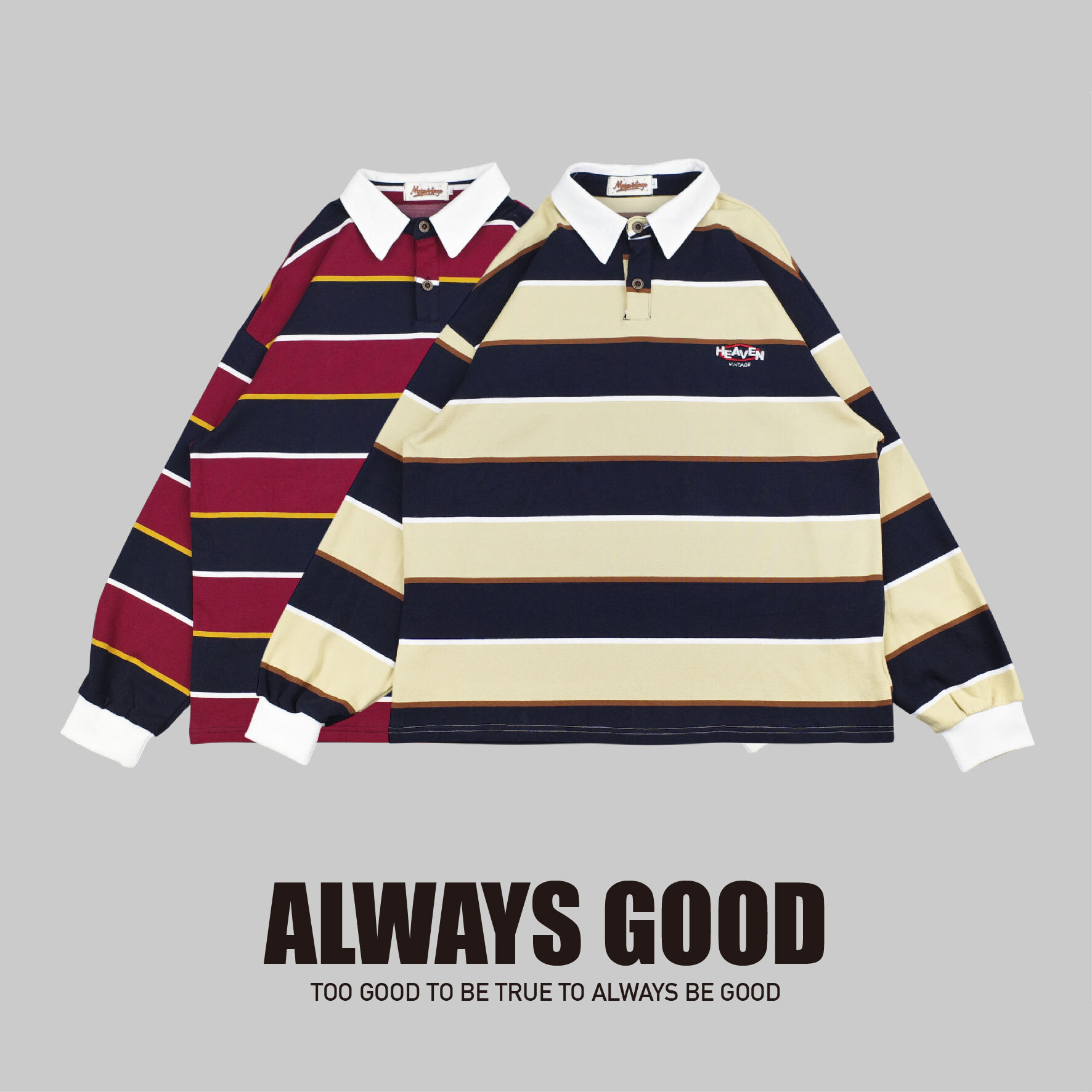 『Always_Good』日系 刺繡 橫條紋 POLO領 薄長TEE