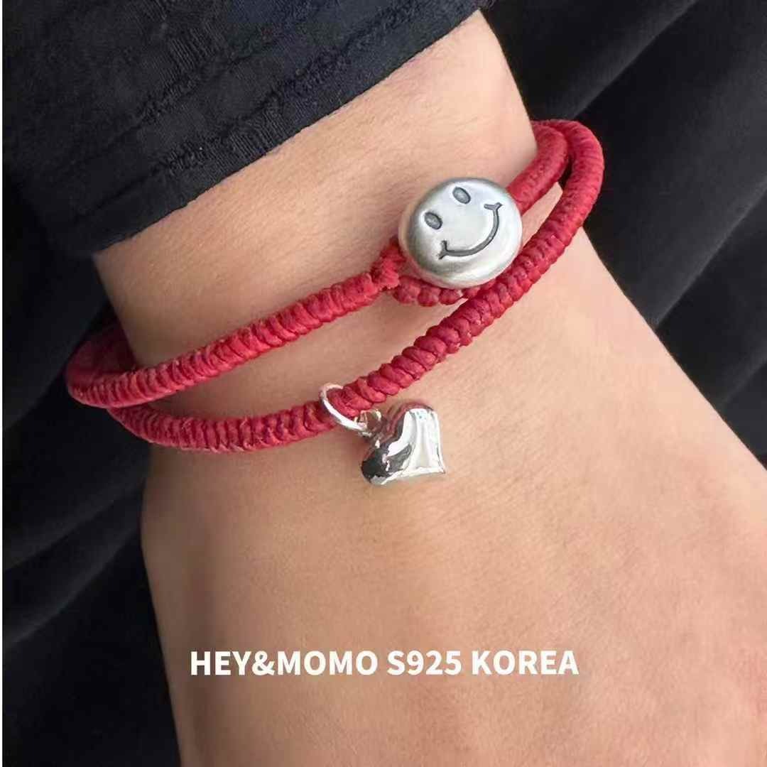 純銀笑臉愛心蜜蠟繩雙圈手鍊