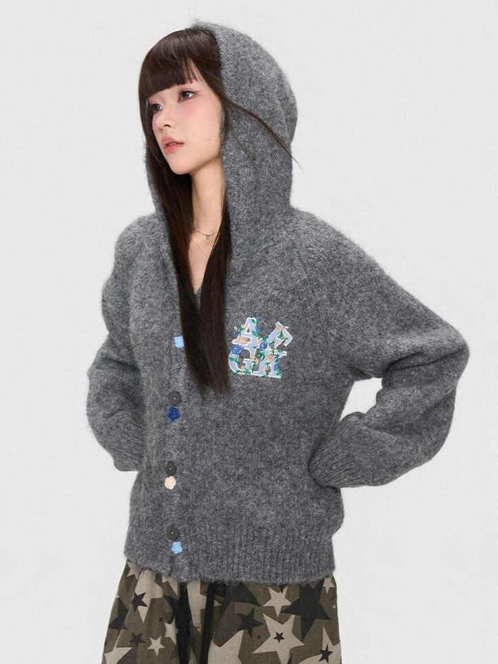 AFGK 花朵刺繡 鈕扣刺繡裝飾 連帽針織外套  A FEW GOOD KIDS