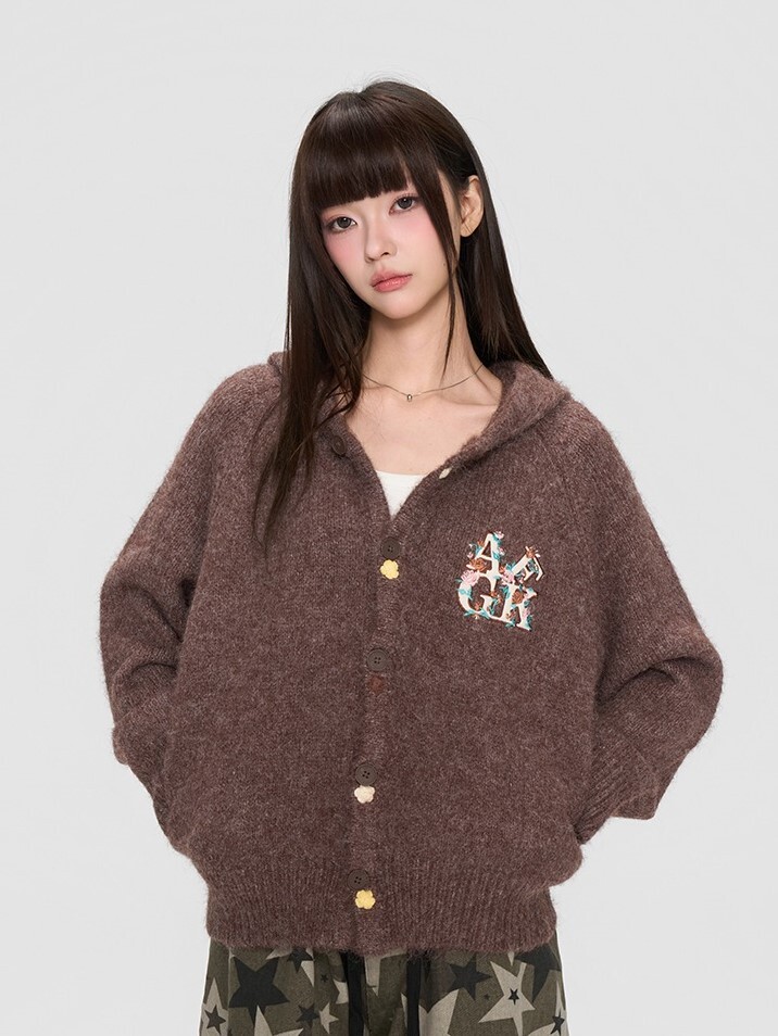 AFGK 花朵刺繡 鈕扣刺繡裝飾 連帽針織外套  A FEW GOOD KIDS