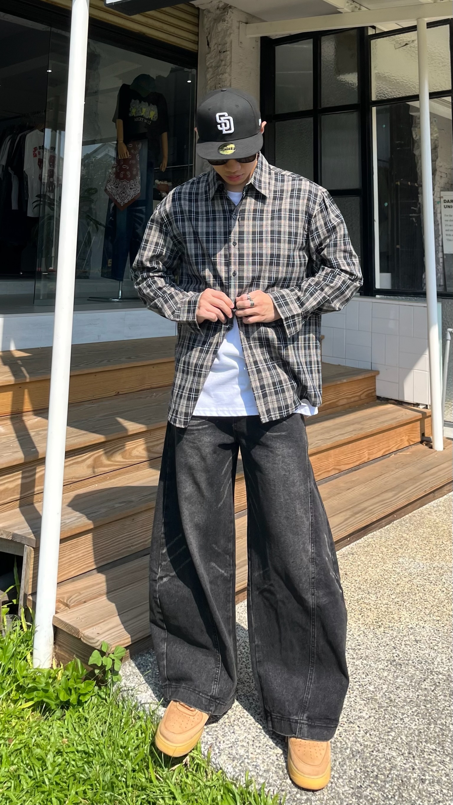 正韓 復古格紋隨性寬襯衫 (2colors)