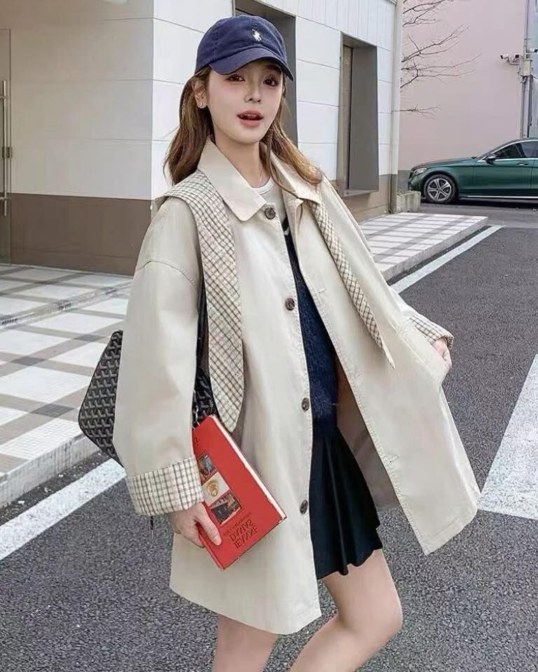 【質感超好的內格紋拼接連帽風衣外套】（現貨）