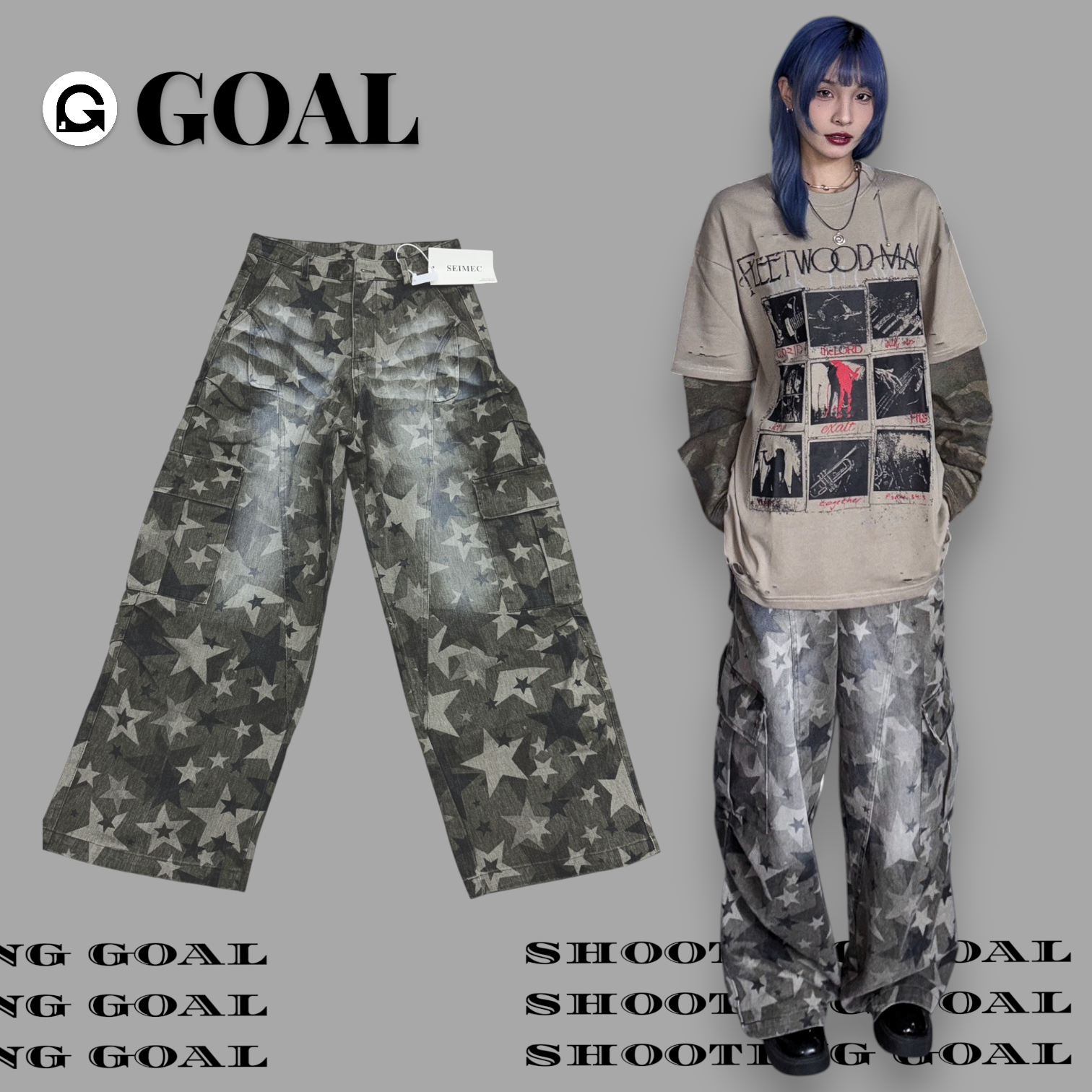 (GOAL) 美式滿版水洗星星工裝長褲 erhu 25046