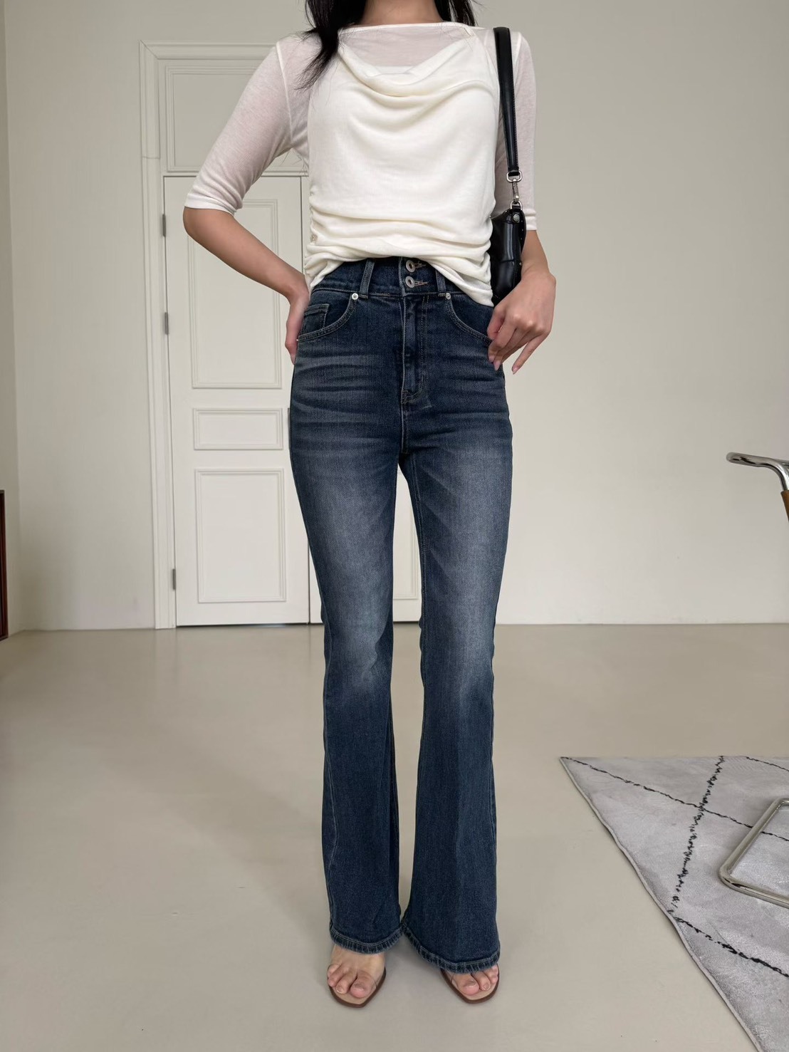 高腰兩釦修身牛仔長褲