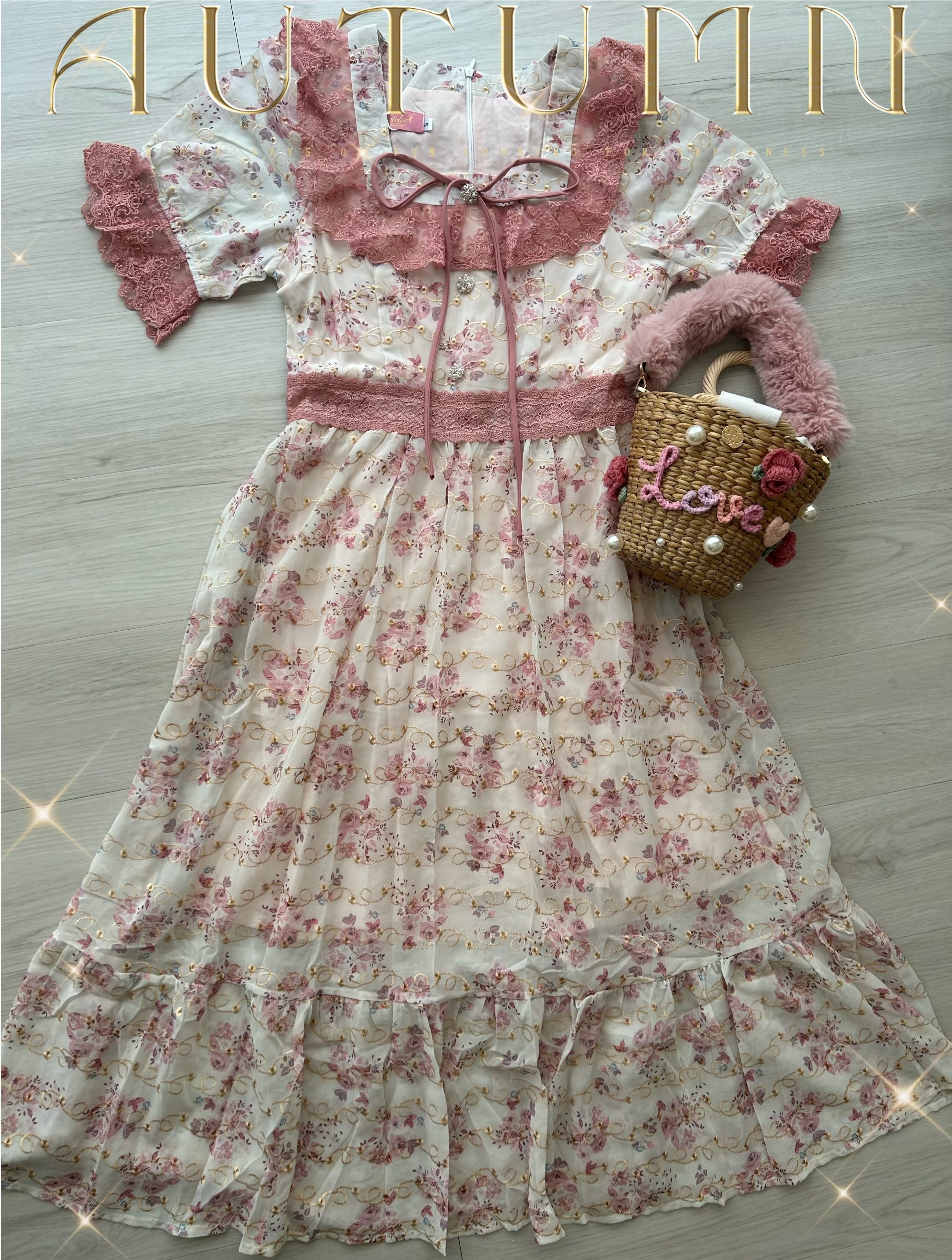 朵塔-韓風家金絲花卉裙（粉/綠）