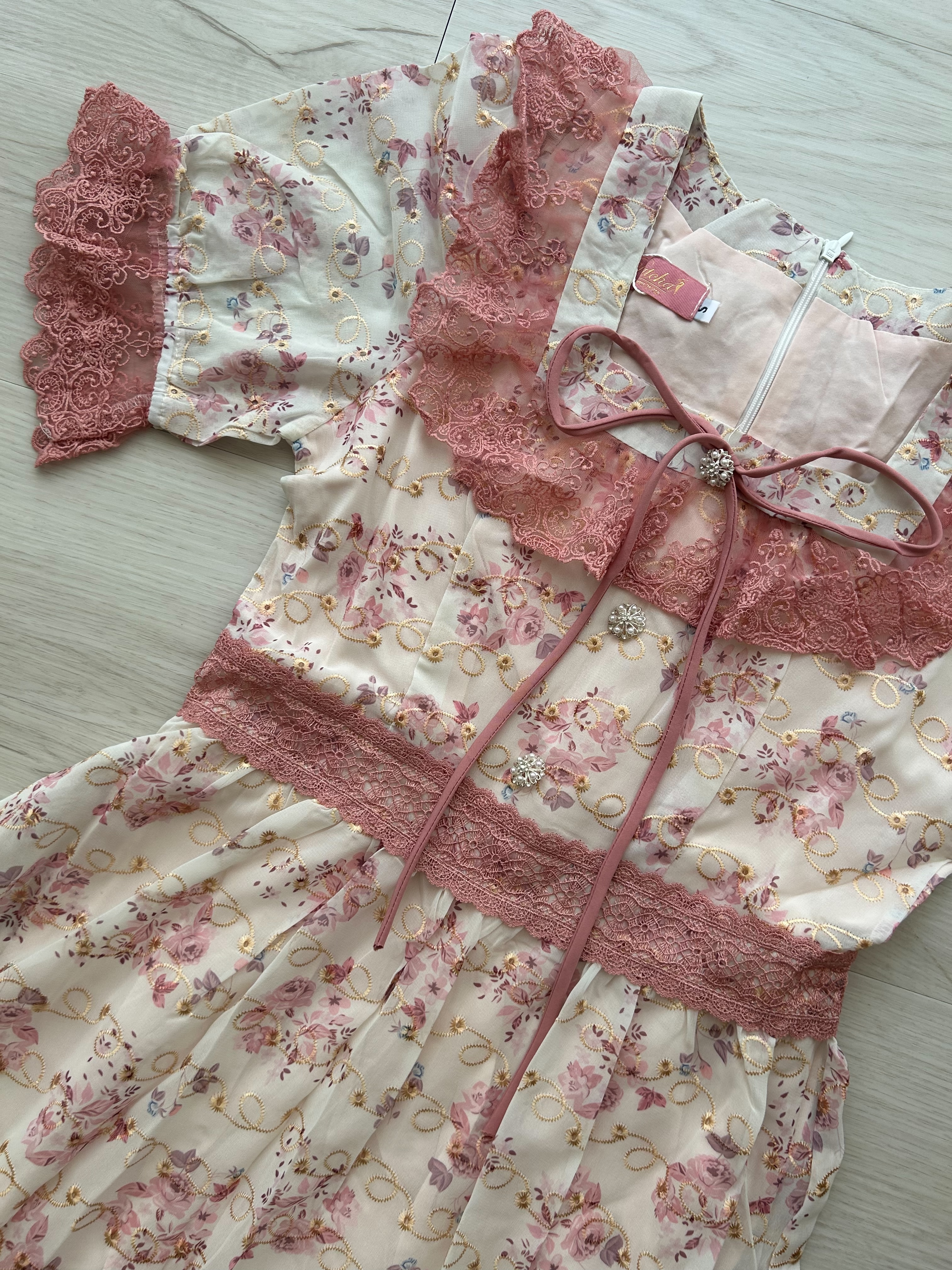 朵塔-韓風家金絲花卉裙（粉/綠）