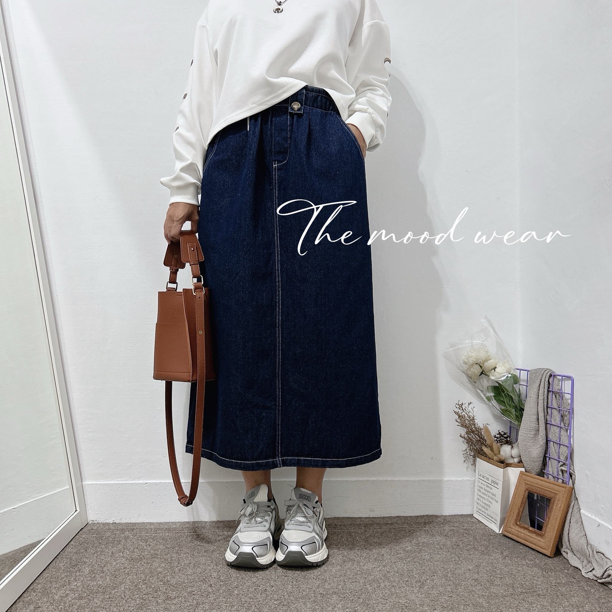 日單鬆緊帶挺版牛仔長裙