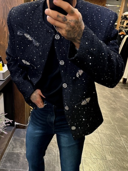 金色皮革粗花呢小香外套