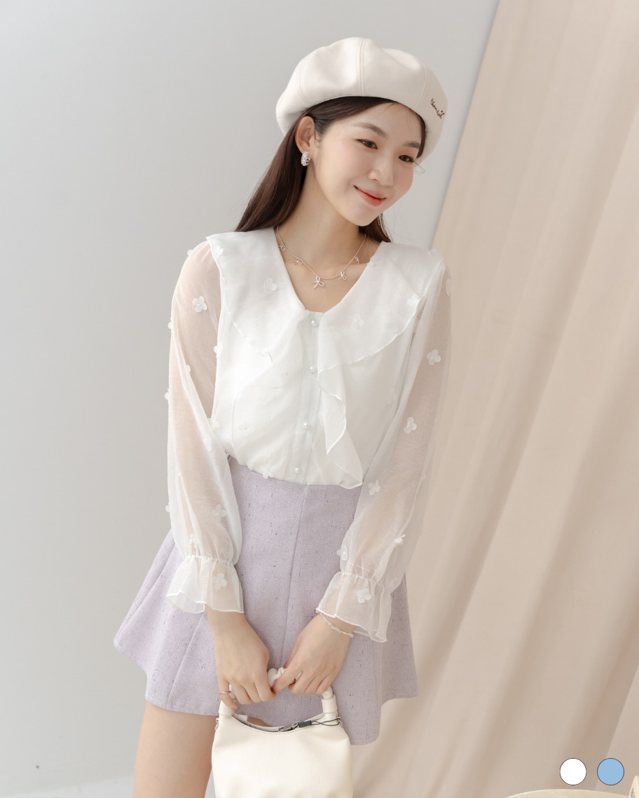 氣質花朵荷葉領上衣