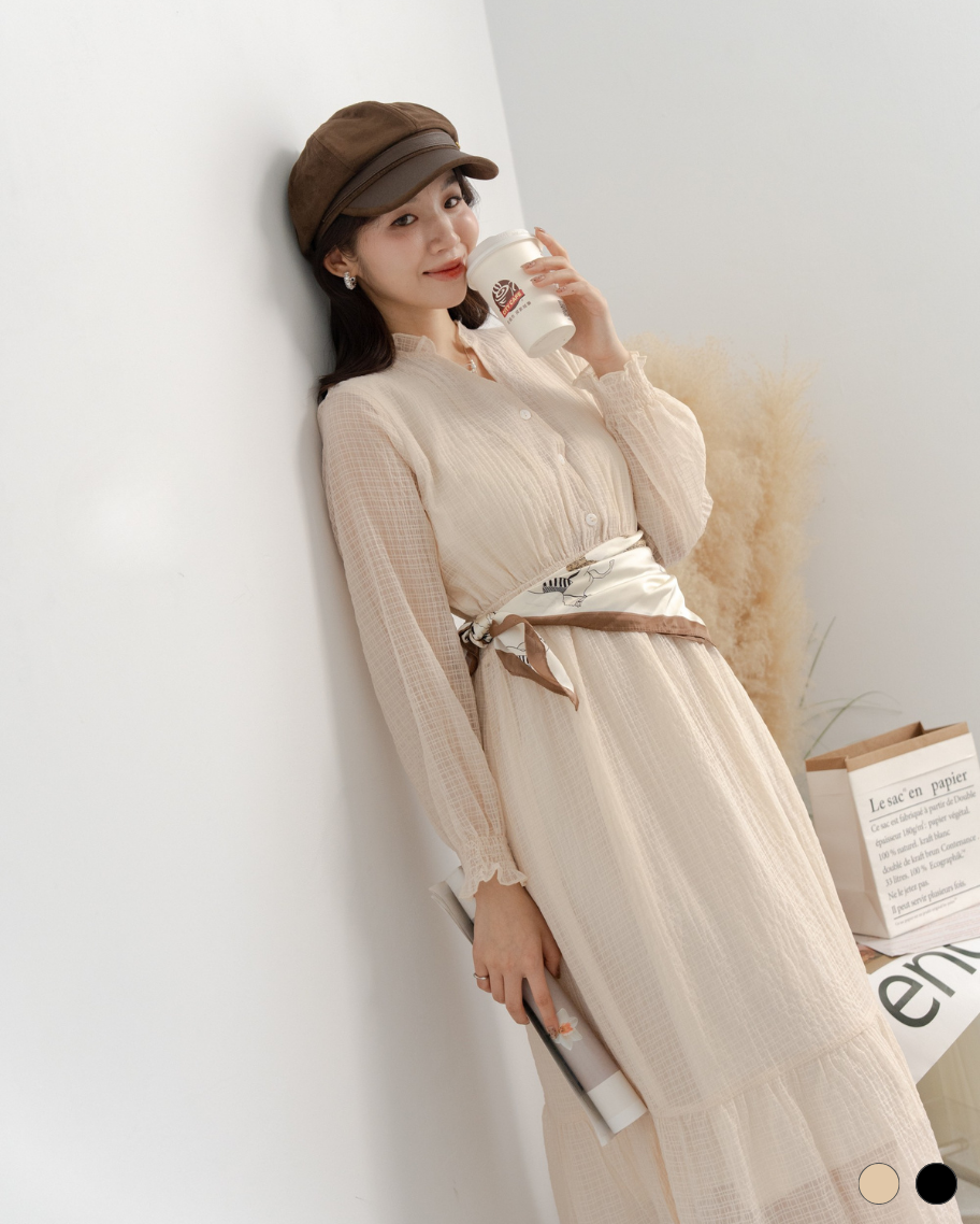 微透膚格紋波浪領長洋裝