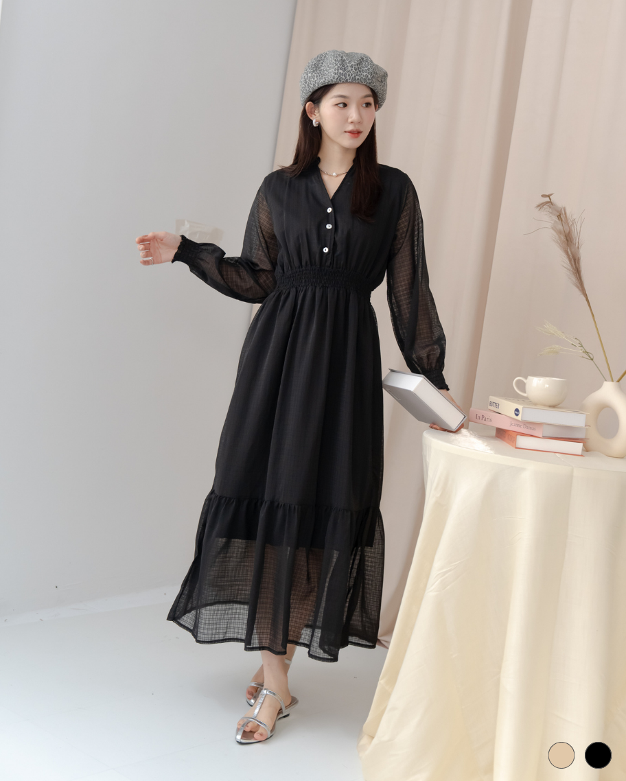 微透膚格紋波浪領長洋裝