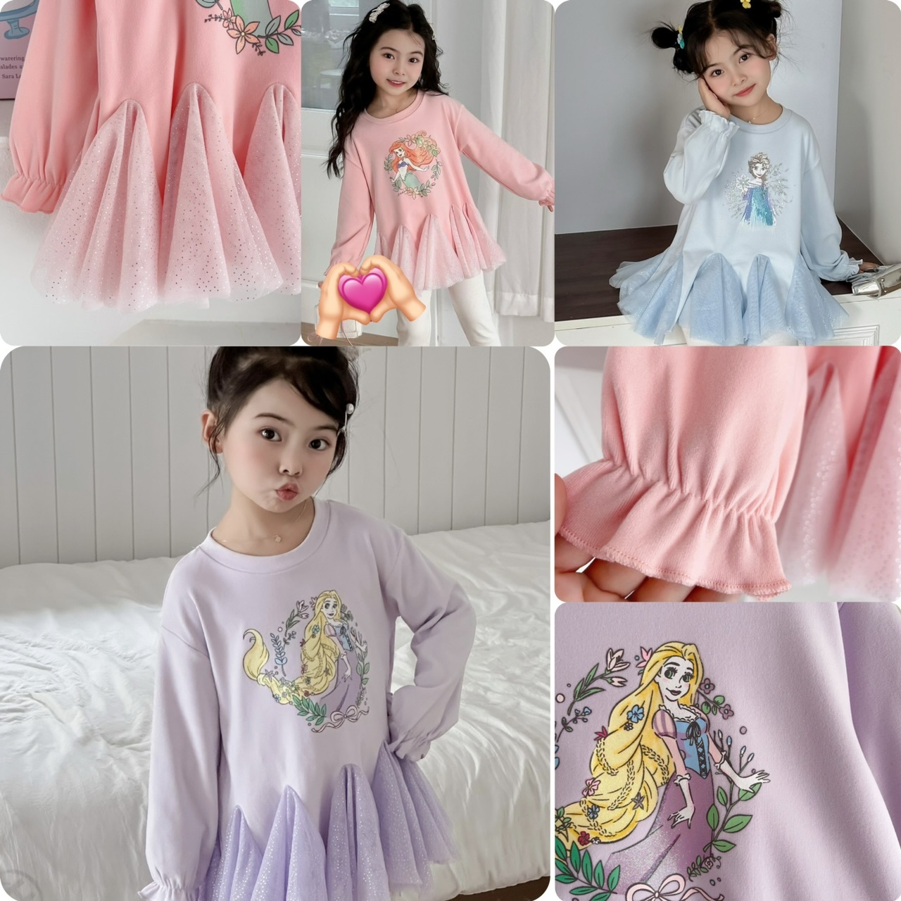 兒童迪士尼公主角色拼紗魚尾長袖上衣-2502421