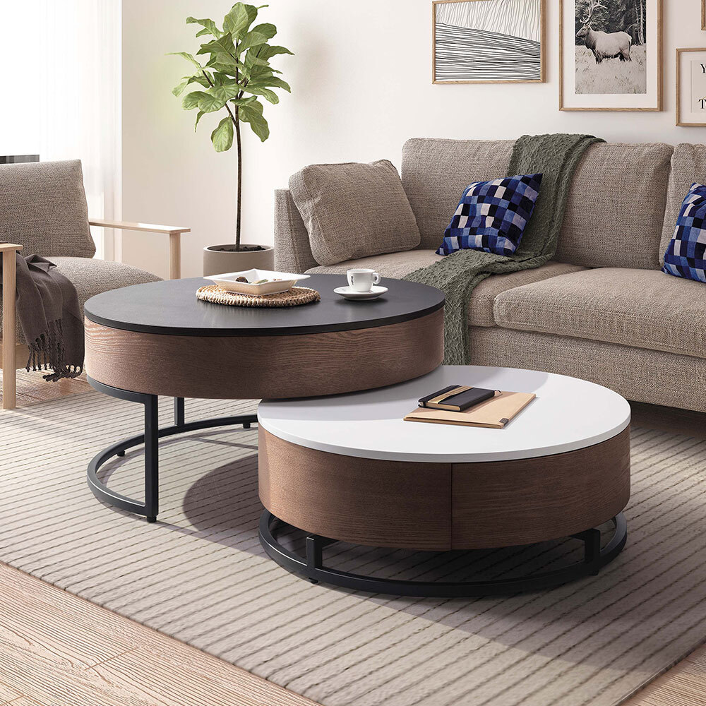 羅傑5尺工業風伸縮圓形茶几組合(2.7尺升降大茶几+2.3尺旋轉小茶几)