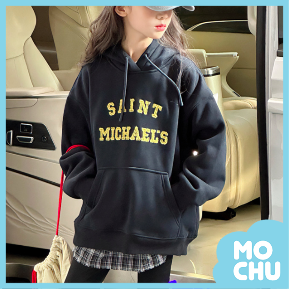 (120cm現貨)英文繡字加絨休閒連帽上衣