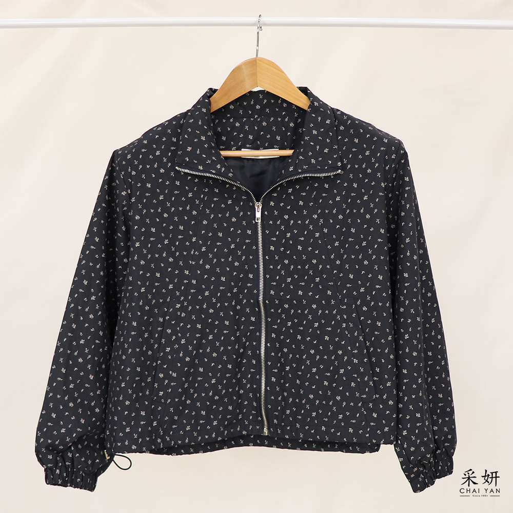 植物碎花雙口袋拉鍊夾克外套