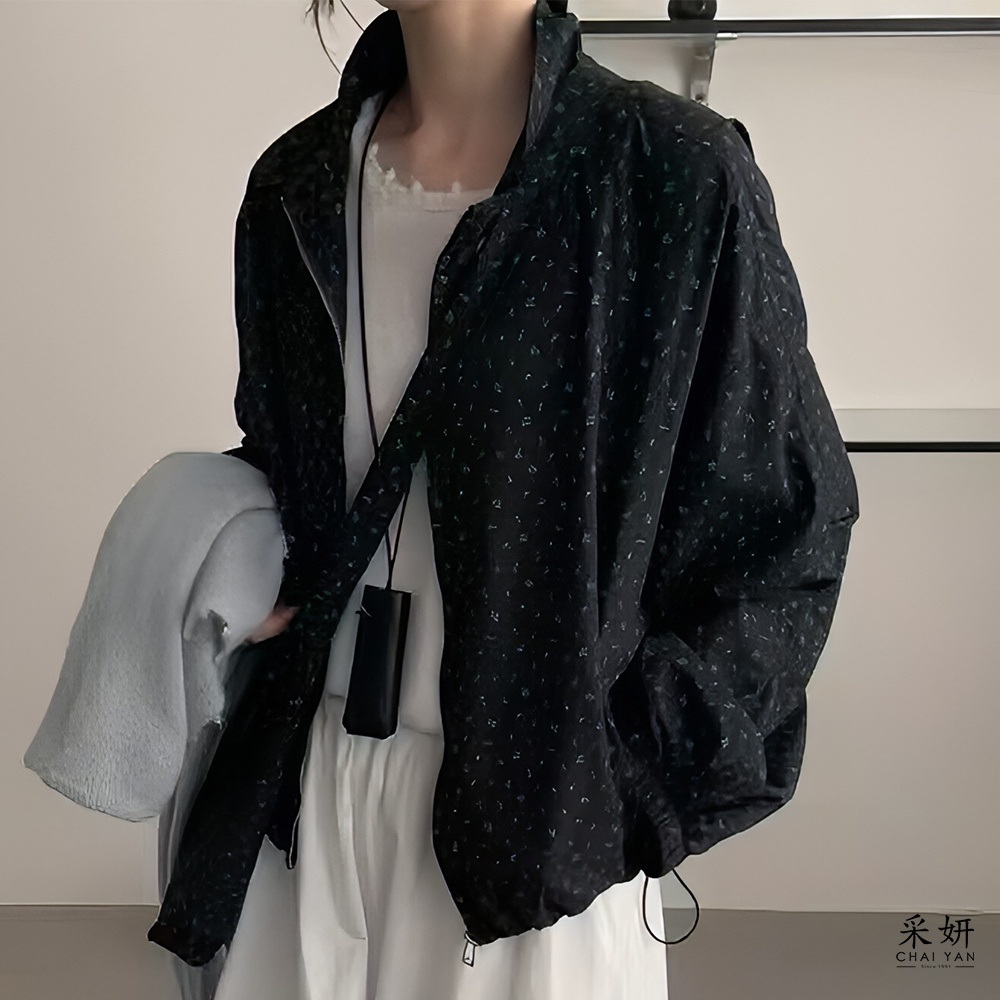 植物碎花雙口袋拉鍊夾克外套