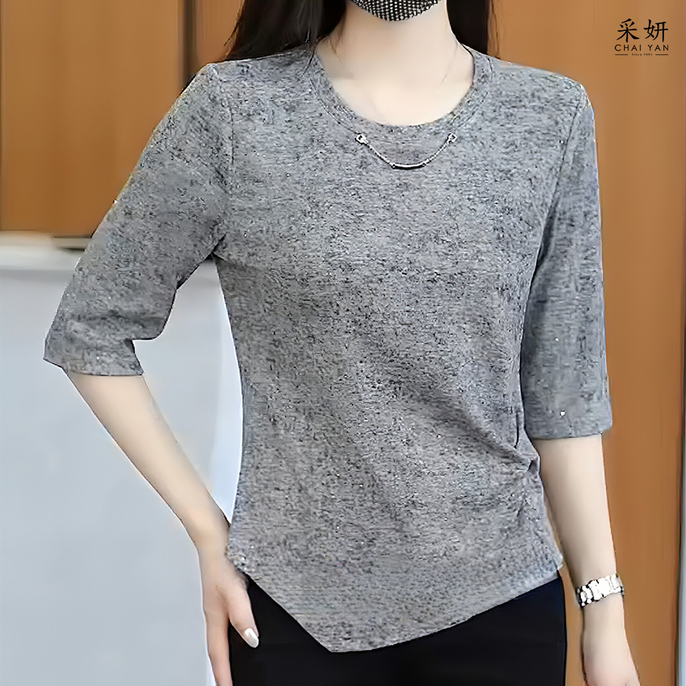 大理石紋細閃不規則收腰圓領半袖上衣