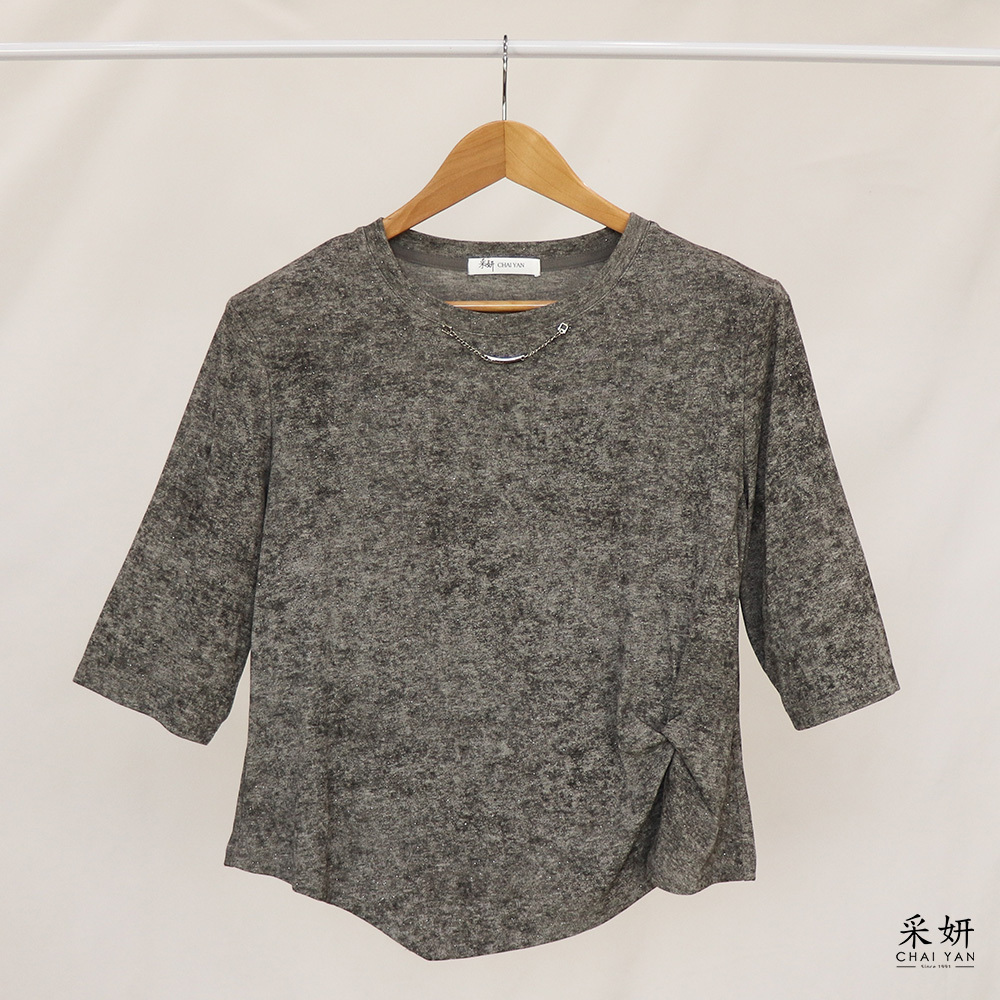 大理石紋細閃不規則收腰圓領半袖上衣