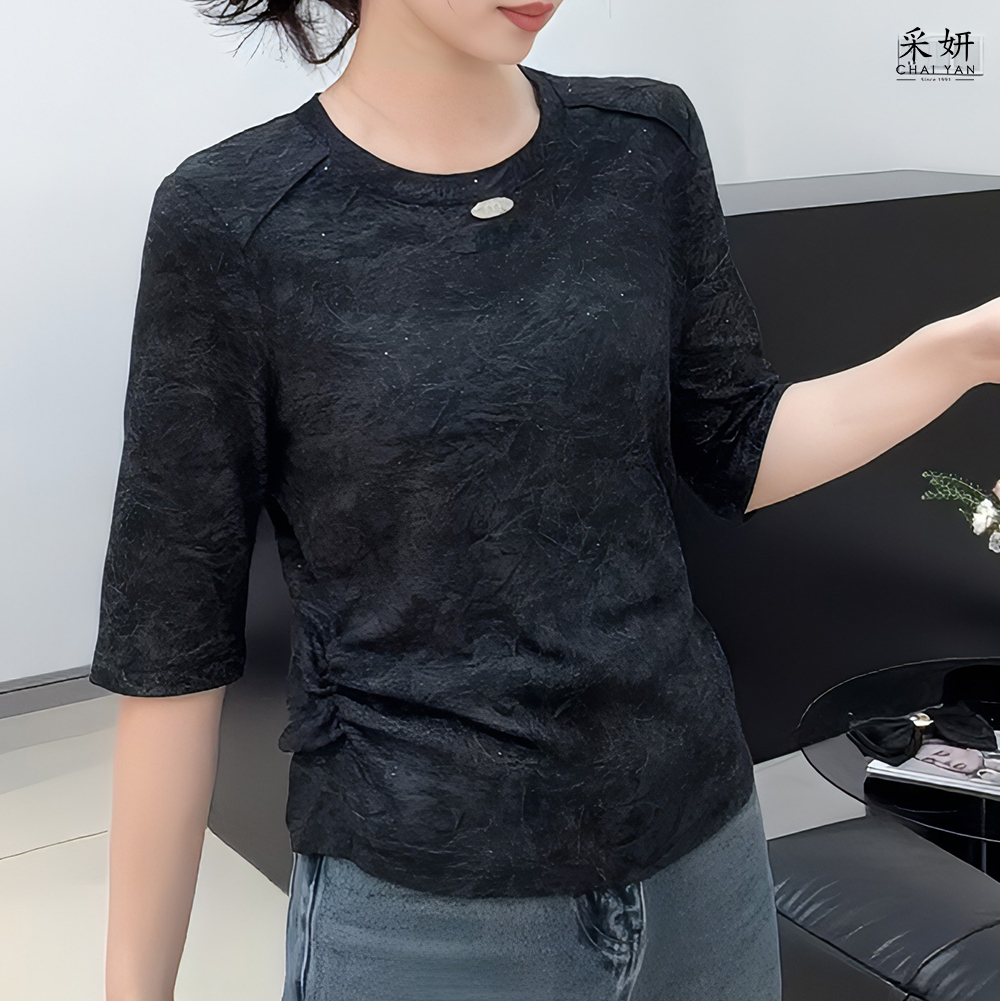 扎染細閃肩線滾邊圓領半袖上衣