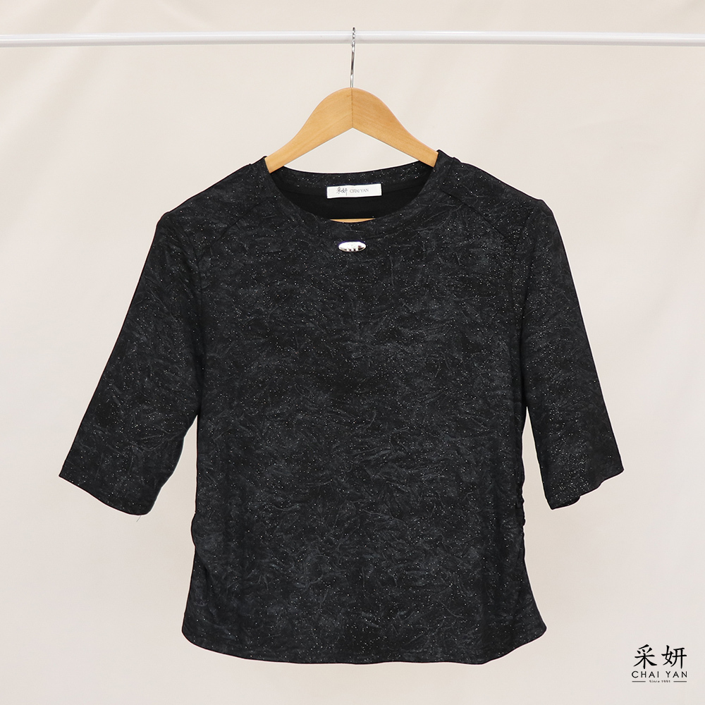 扎染細閃肩線滾邊圓領半袖上衣