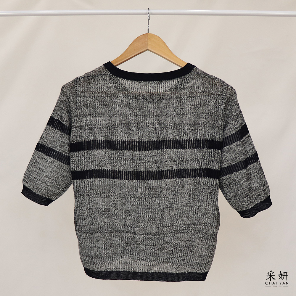 天爽亞麻跳色條紋圓領半袖上衣