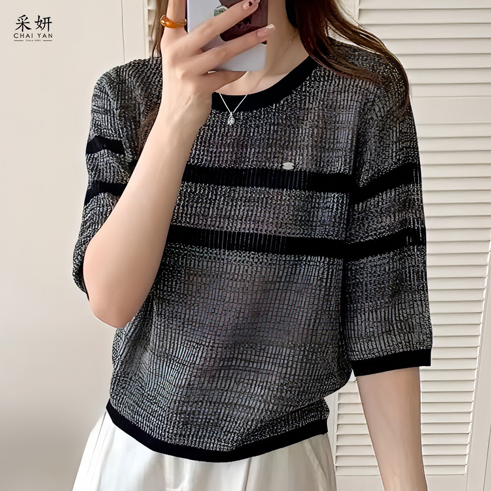 天爽亞麻跳色條紋圓領半袖上衣