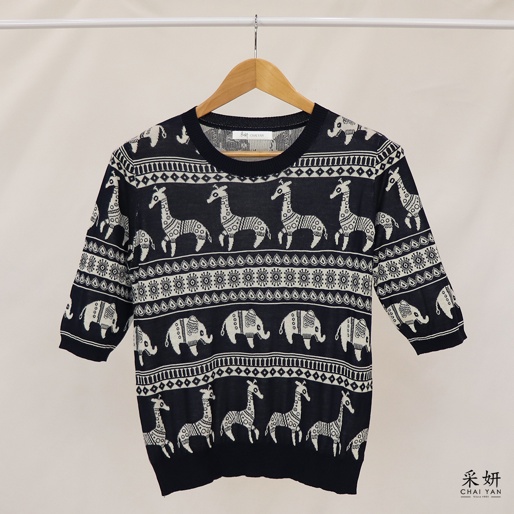 民族風動物圖樣針織圓領半袖上衣