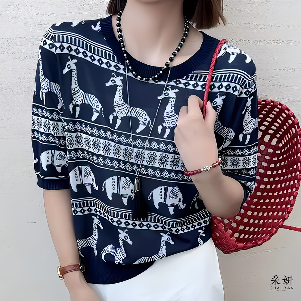 民族風動物圖樣針織圓領半袖上衣