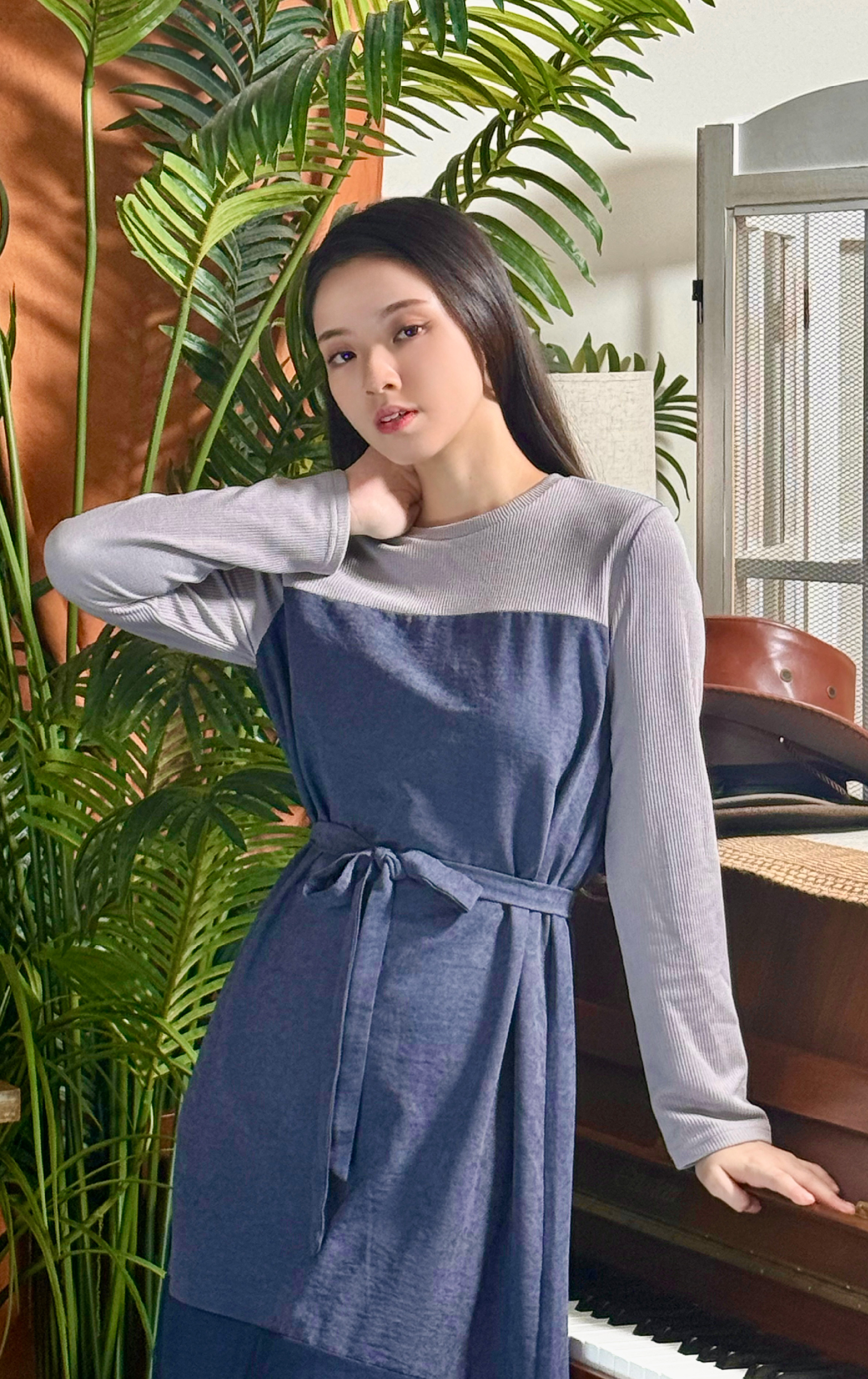 假兩件拼布連身裙 OP0314