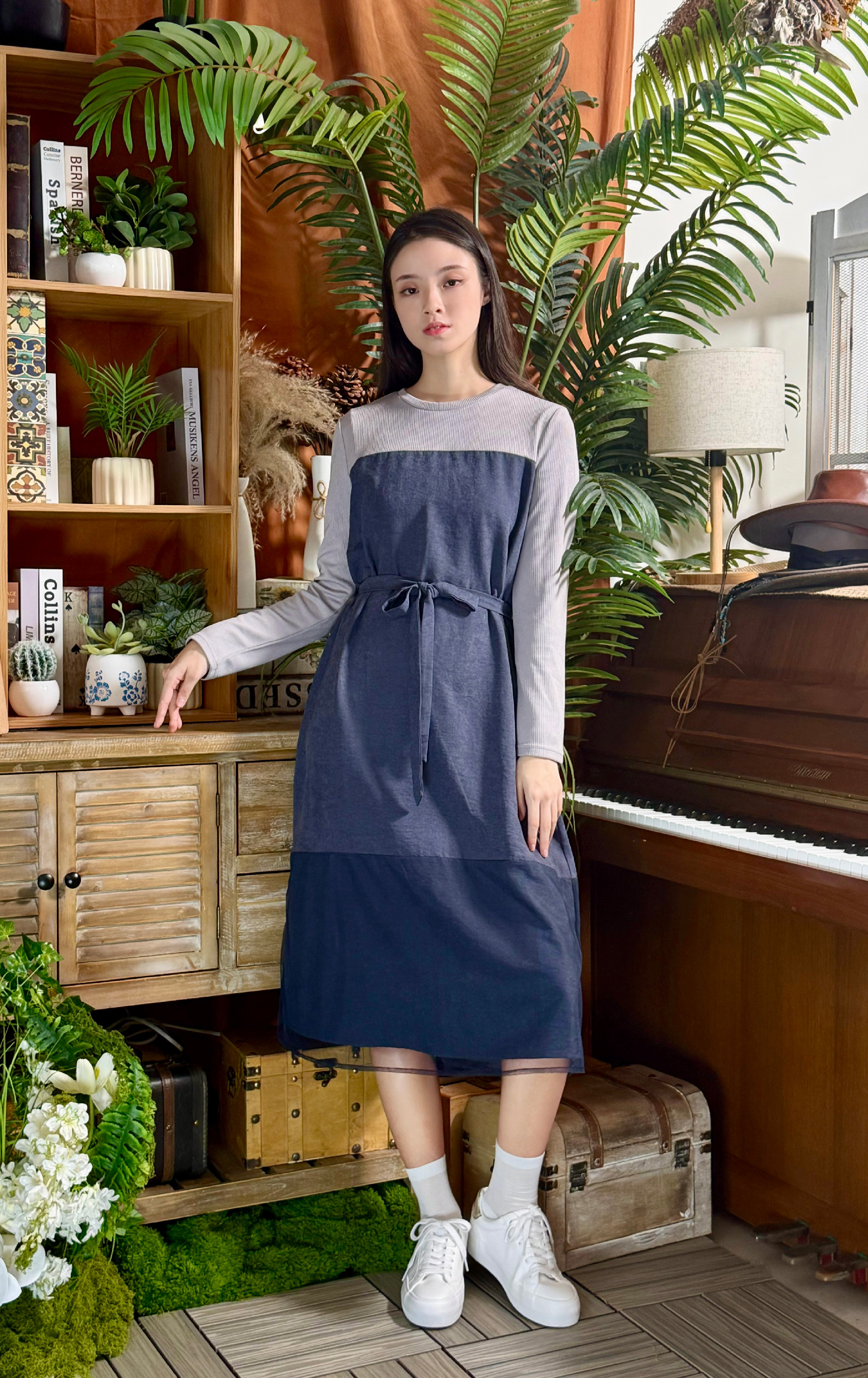 假兩件拼布連身裙 OP0314