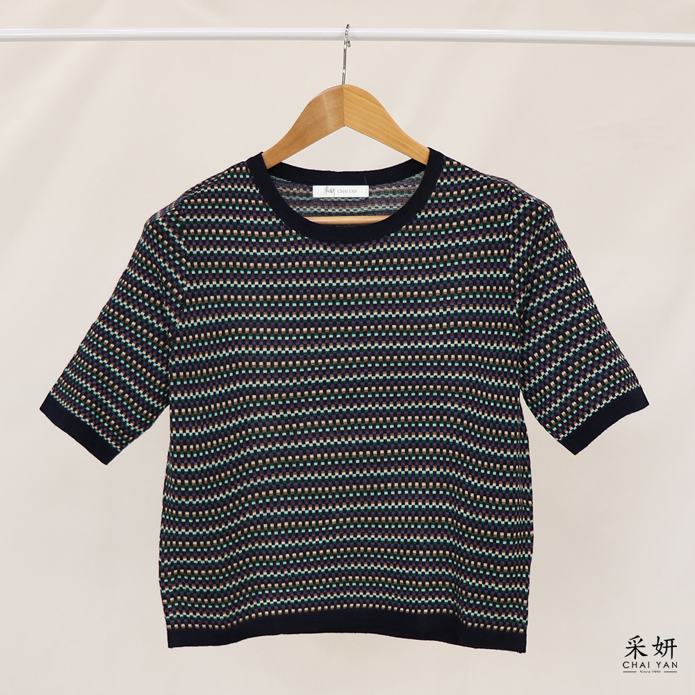 跳色方格點針織圓領半袖上衣